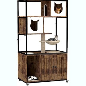 GustoWave Cat Litter Box Enclosure, Litter Box Furniture Hidden, Wooden Cat Washroom Furniture with Condo, Hammock, Brown - 1 of 4