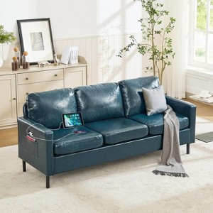 73 Faux Leather Loveseat Sofa with USB Ports & Side Pockets, Small 3-Seater Couch for Living Room, Bedroom, Office, Blue - 1 of 4