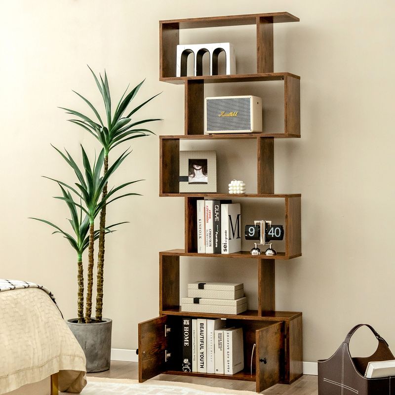 Costway 1 PC Bookshelf w/Cabinet 6-Tier S-Shaped Bookcase Storage Rack Rustic Brown\White, 2 of 11
