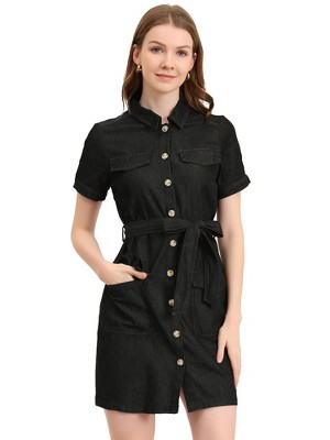 Allegra K Women's Jean Casual Collared Belted Button Down Denim Shirt Dress