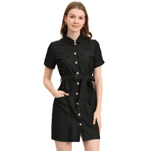 Allegra K Women's Jean Casual Collared Belted Button Down Denim Shirt Dress - 1 of 4