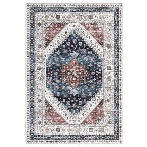 Machine Washable Floral Medallion Living Room Rugs, Indoor Vintage Distressed Bedroom Carpet, Non Slip Low Pile Floor Cover for Dining Room - 1 of 4