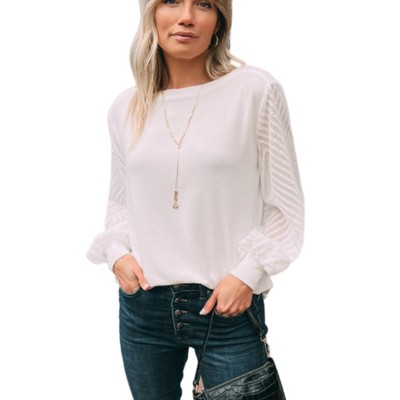 Amaryllis Women's Boat Neck Top with Sheer Textured Chevron Balloon Sleeves Relaxed Fit Versatile Pullover