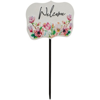 White Floral Welcome Metal Garden Stake, 8 inch