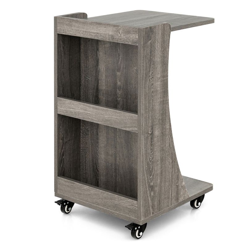 Costway Side Table with Rolling Casters Mobile C-shaped End Table with 2-Tier Open Storage Shelf &2 Back Storage Compartments Brown/Grey, 4 of 11