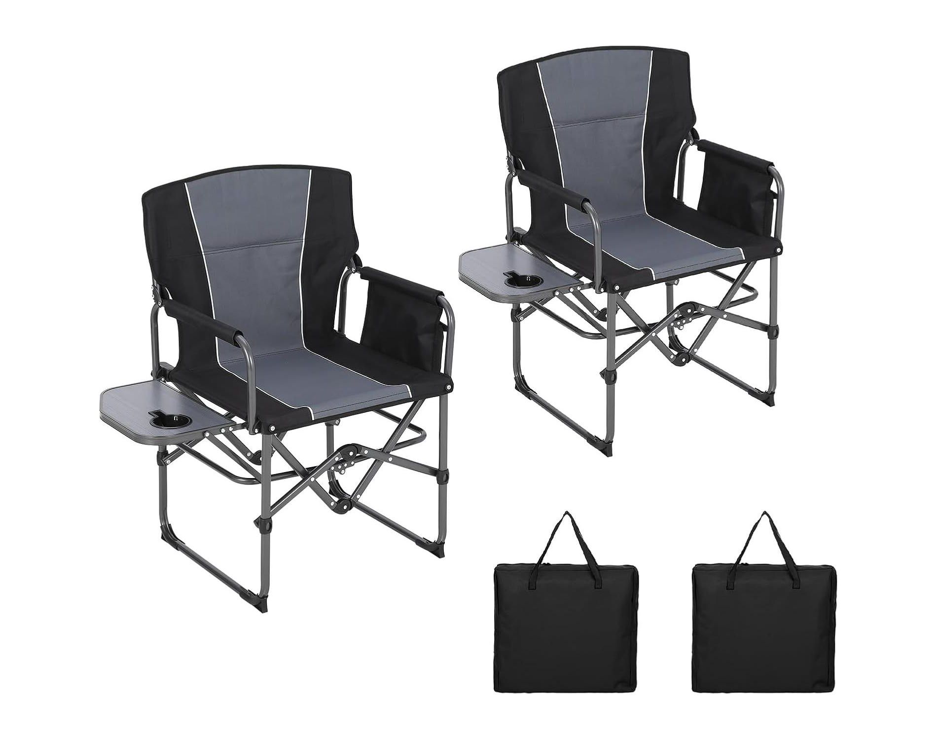 2 Pack Oversized Director's Camping Chairs, Heavy-Duty Folding with Side Table & Storage Pouch, 330 lb Capacity, Beach, Picnic, Tailgating, Black