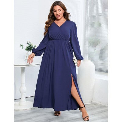 Coolmee Women Plus Size Crossover V Neck Long Sleeve Hem Slit Ruffle Flowy Maxi Wedding Guest Vacation Dress