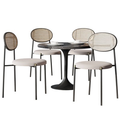 LeisureMod 5-PC Dining Set - 36" Round Dining Table Sintered Stone Top & Black Pedestal, 4 Velvet Dining Chairs in Black Steel Legs