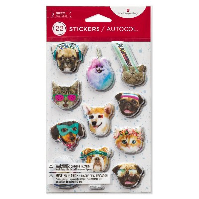 Carlton Cards 22ct Cat and Dog Puffy Stickers: Christmas Animals, 2 Sheets, 6"x4", All Ages