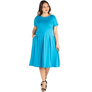 24seven Comfort Apparel Short Sleeve Plus Size  Midi Skater Dress With Pockets - 1 of 4