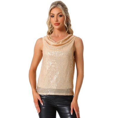 INSPIRE CHIC Women's Cowl Neck Sleeveless Sequin Party Shiny Top