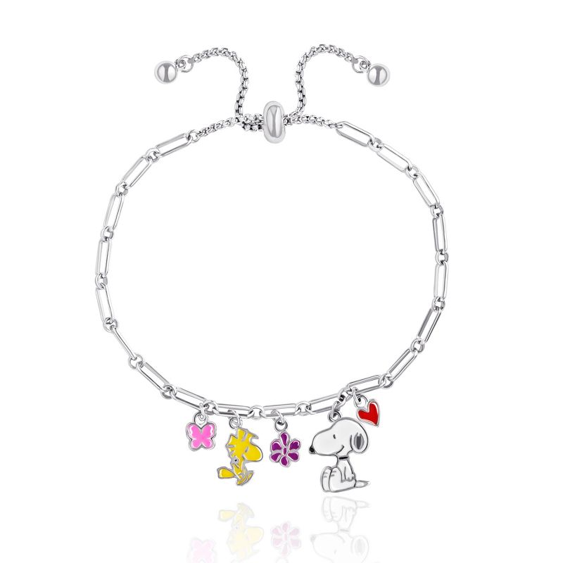 Peanuts Snoopy Enamel Charm Woodstock, Flowers, Heart Lariat Paper Clip Chain Bracelet, 1 of 4