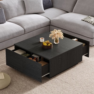 PAGED Square Wooden Coffee Table, Modern Side Table with 4 Storage Drawers, 33.25" Center Table for Living Room, Bedroom