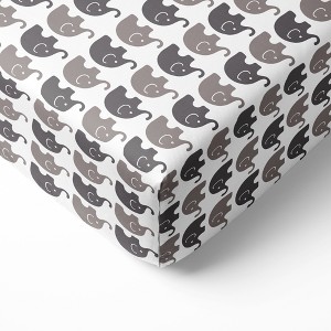 Bacati - Elephant White and Gray 100 percent Cotton Universal Baby Crib or Toddler Bed Fitted Sheet - 1 of 4