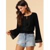 Allegra K Women's Round Neck Bell Long Sleeve Smocked Hem Cropped Blouse - 3 of 4