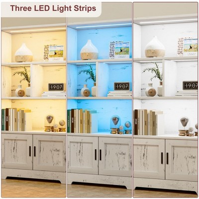 Wood Bookcase with Doors White Bookshelf with LED Lights Modern Storage Rack 3 Shelf Standing Bookshelves
