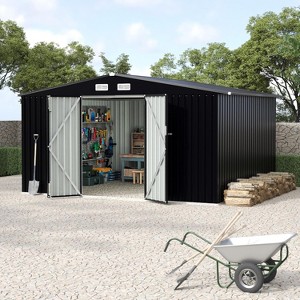 Galvanized Steel Outdoor Storage Shed 8x10FT, Metal Tool Shed with Lockable Door & Air Vent, Brown/Grey for Garden Patio Lawn（with Lights） - 1 of 4