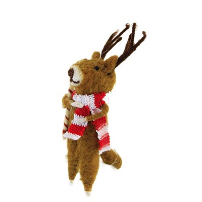 8 Inch Brown Felt Reindeer with Candy Cane Ornament