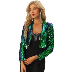 INSPIRE CHIC Women's Velvet Notched Lapel Long Sleeve Sparkly Cropped Sequin Open Front Jacket - 1 of 4