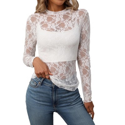 Women Elegant Lace Blouse Long Sleeves Sheer Shirt