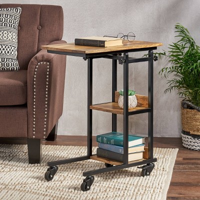Amlin Adjustable Height Natural Mango Wood and Black Metal C-Shaped Side Table