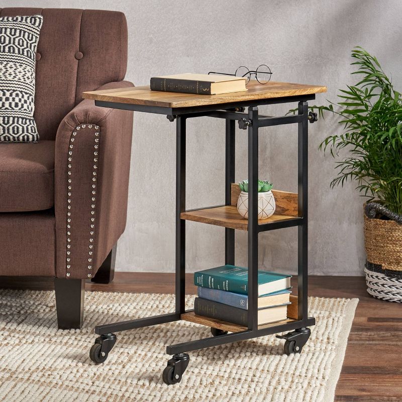 Amlin Modern Industrial Handcrafted Wooden Multi Purpose Adjustable Height C Shaped Side Table Natural/Black - Christopher Knight Home, 3 of 13
