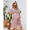Coolmee Women Summer Maternity Dress Floral Print V Neck Pleated Hem Flutter Sleeve Ruffle A Line Flowy MIdi Dress with Belt - 3 of 4