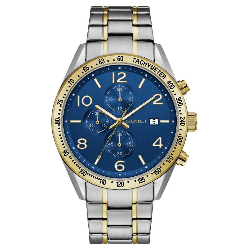 Caravelle designed by Bulova Men's Sport Chronograph Quartz Two Tone Stainless Steel Watch, Blue Dial, Luminous, 44mm Style: 45B152, 1 of 7