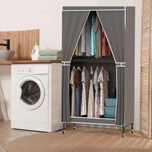 Racxily 2 Tier Clothing Rack With Cover Portable Wardrobe Closet, Covered Garment Rack w/ 4 Wheels 2 Hanging Rods 2 Hook Racks 35.43x17.13x72.44in - 1 of 4