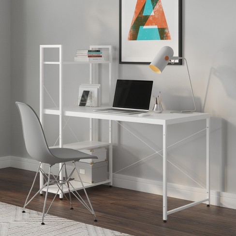 Bestier Computer Office Desk with Steel Frame, Reversible Book Shelves,  Headphone Hook, Adjustable Feet, & Under Desk Storage, Oak