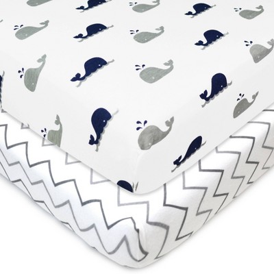 TL Care Printed 100% Cotton Knit Fitted Mini Crib Sheet - Navy Whale/Zigzag 2pk