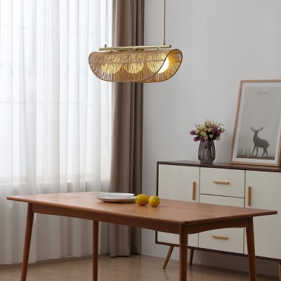 Sovev 27.5 in. Brass Bohemian Pendant Light with Rattan and Glass Shades