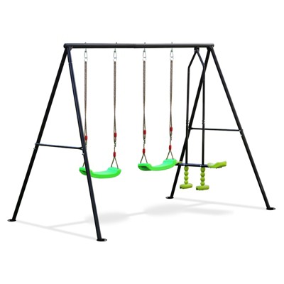 DSVIMOY Swing Sets for Backyard, 3 Seat Swingset Outdoor for Kids, Swing Set with Glider, 2 Blet Swings, Multicolor, 90.55"*62.99"*72.83"