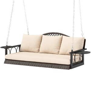Resenkos 3-Person Wicker Swing Bench, Outdoor Patio, Porch, Natural, Comfortable Cushions, Cup Holders, - 1 of 4