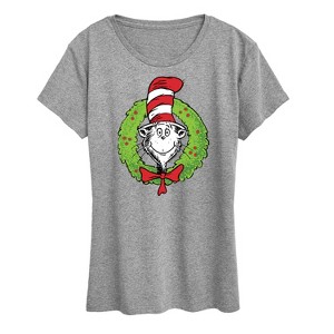 Women's The Cat in the Hat Cat Wreath Short Sleeve Graphic T-Shirt - Heather Grey - 1X - 1 of 4