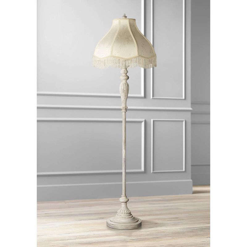 360 Lighting Vintage Shabby Chic Floor Lamp 60" Tall Antique White Cream Scallop Fabric Dome Shade Fringe for Living Room Reading Bedroom, 2 of 10