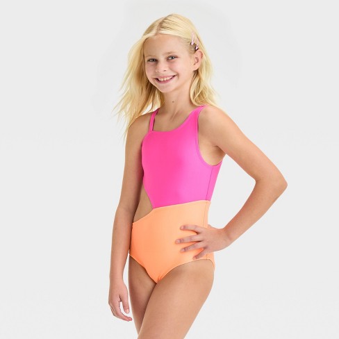 Girls Solid One Piece Swimsuit Cat Jack Orange M Target