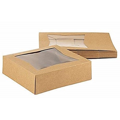 Juvale 10 Pack Pastry Box Take Out Container with Window for Bakery Cookie Cupcake Dessert, Kraft Paper 8”x8”x2.5”