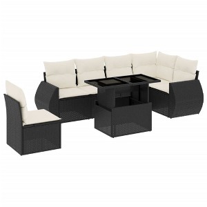 vidaXL 7 Piece Patio Sofa Set with Cushions Black and Cream Poly Rattan - 1 of 4