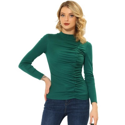INSPIRE CHIC Women's Long Sleeve High Neck Ruched Front Fitted Blouse