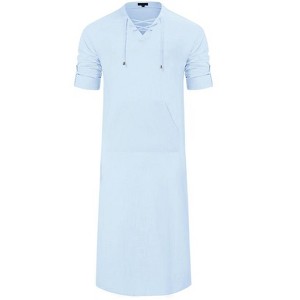 Coolmee Men's Drawstring V-neck Long Sleeve Robe Side Split Kaftan Long Gown Thobe - 1 of 3