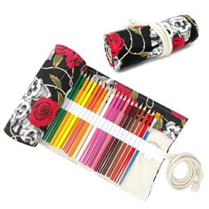 Wrapables Pencil Roll Organizer, Colored Pencil Wrap Pouch (72 slots), Skulls & Roses - 1 of 4