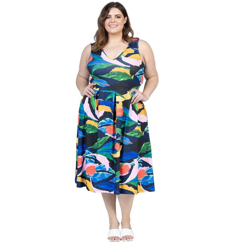 24seven Comfort Apparel Plus Size Midi Length Multicolor Sleeveless Pleated Pocket Dress, 5 of 7