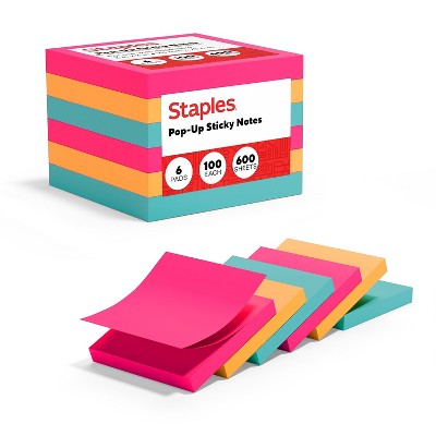Staples Stickies Pop-up Std Notes 3" x 3" Asst Colors 100 Sh./Pad 6 Pads/PK 565448