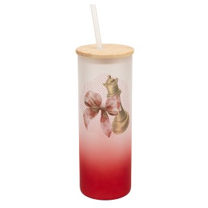 Elanze Designs 25 Ounce Frosted Glass Gradient Travel Tumbler With Straw and Wooden Lid, Chess Piece With Bow Red - 1 of 1