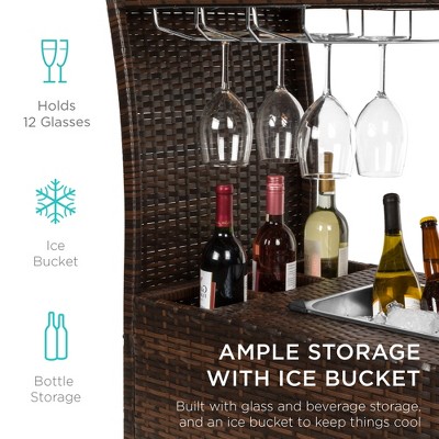Elegant Outdoor Wicker Bar Cart with Tempered Glass Top and Ice Bucket - Brown