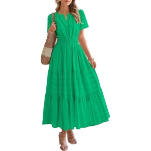 Women's 2025 Summer Casual Midi & Maxi Dress - Lightweight V-Neck Boho Beach Dress with Elastic Waist & Pockets Bright Green - 1 of 4