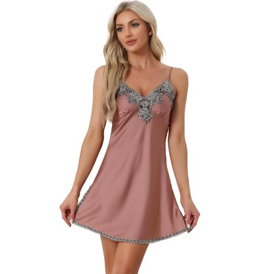 Allegra K Women's Satin Nightgowns V-Neck Solid Color Lace Cami Mini Pajama Dress