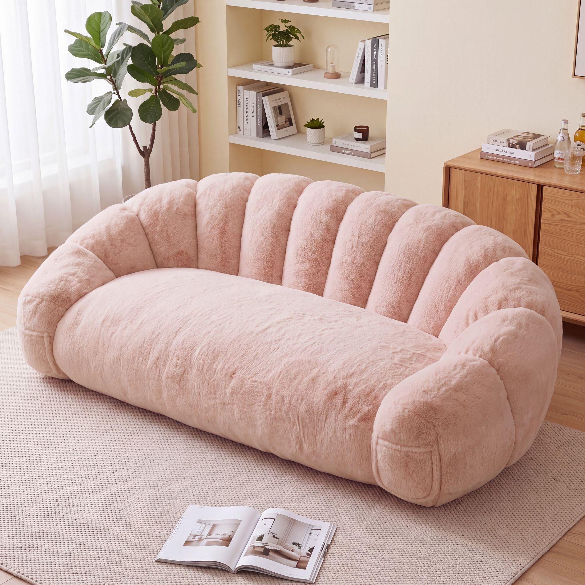 Dyonery 67" Bean Bag Couch, 2-Seat Loveseat Sofa, Ultra Soft Faux Fur Sofa for Living Room, Bedroom, Pink