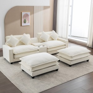 Whisen 112" Modern Design Sectional Sofa Chenille Upholstered Sofa with Ottoman, USB Ports, Cup Holders and Large Storage Box - 1 of 4